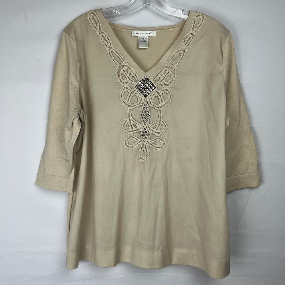 August Silk Tan Cotton Blend Knit V Neck Top EMBROIDERED Boho Womens Medium